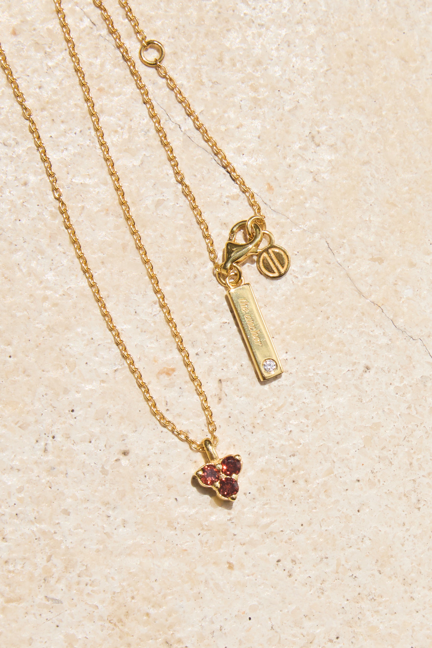 Gold necklace with triangle red garnet pendant and tag on a beige background