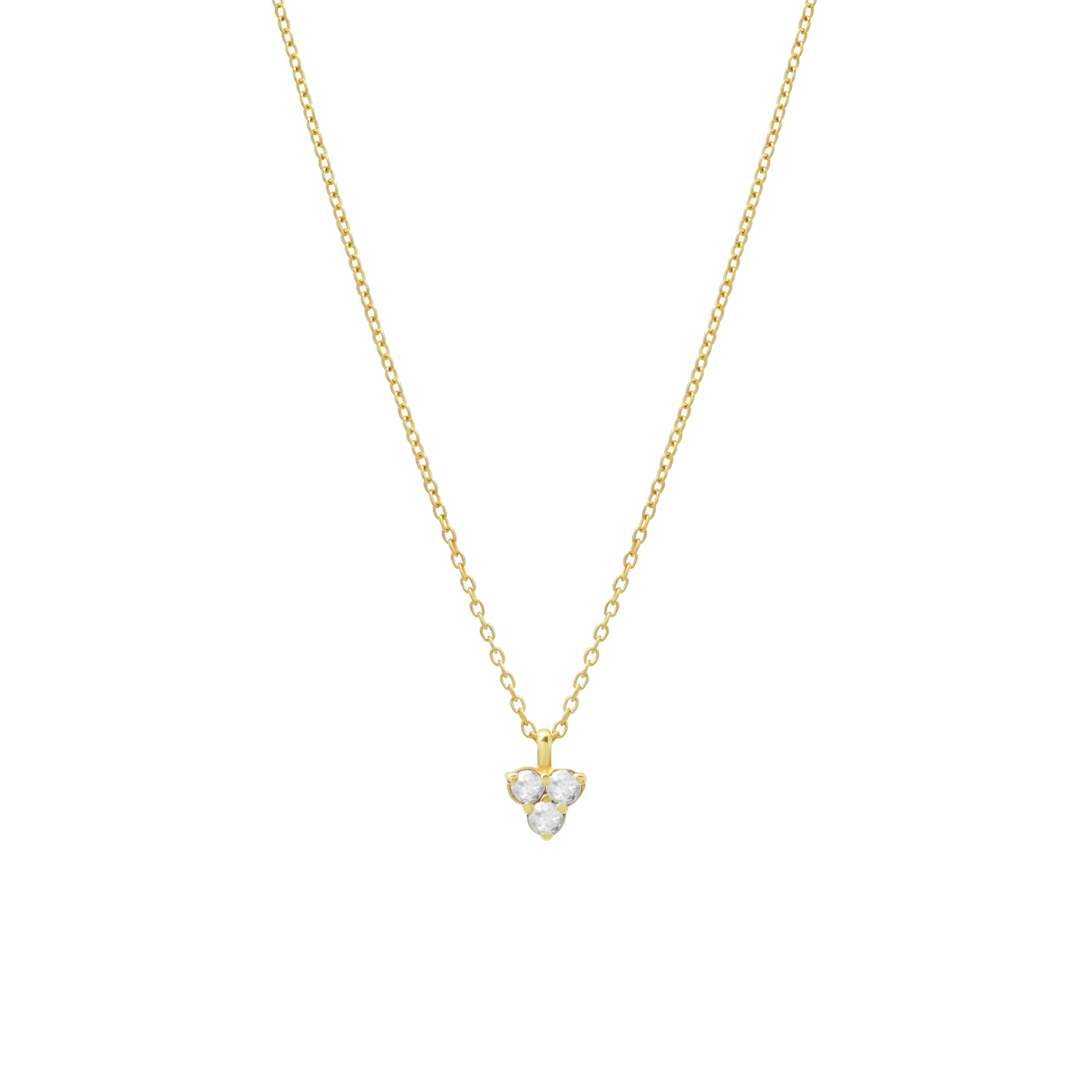 Gold necklace with a triangle-shaped moon stone pendant on a white background