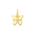 Gold butterfly pendant with a light blue gemstone on a white background