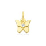 Gold butterfly pendant with a light blue gemstone on a white background