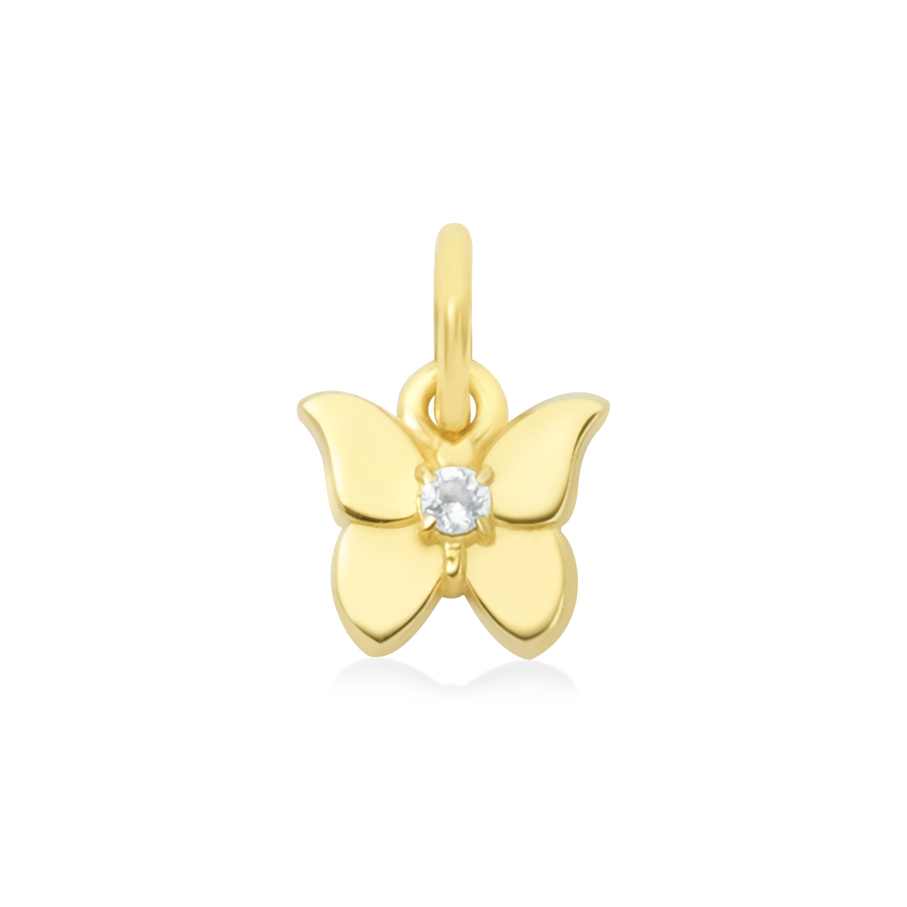 Gold butterfly pendant with a light blue gemstone on a white background