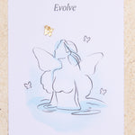Feminine butterfly illustration and charm with word Evolve on a textured beige background