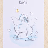Feminine butterfly illustration and charm with word Evolve on a textured beige background