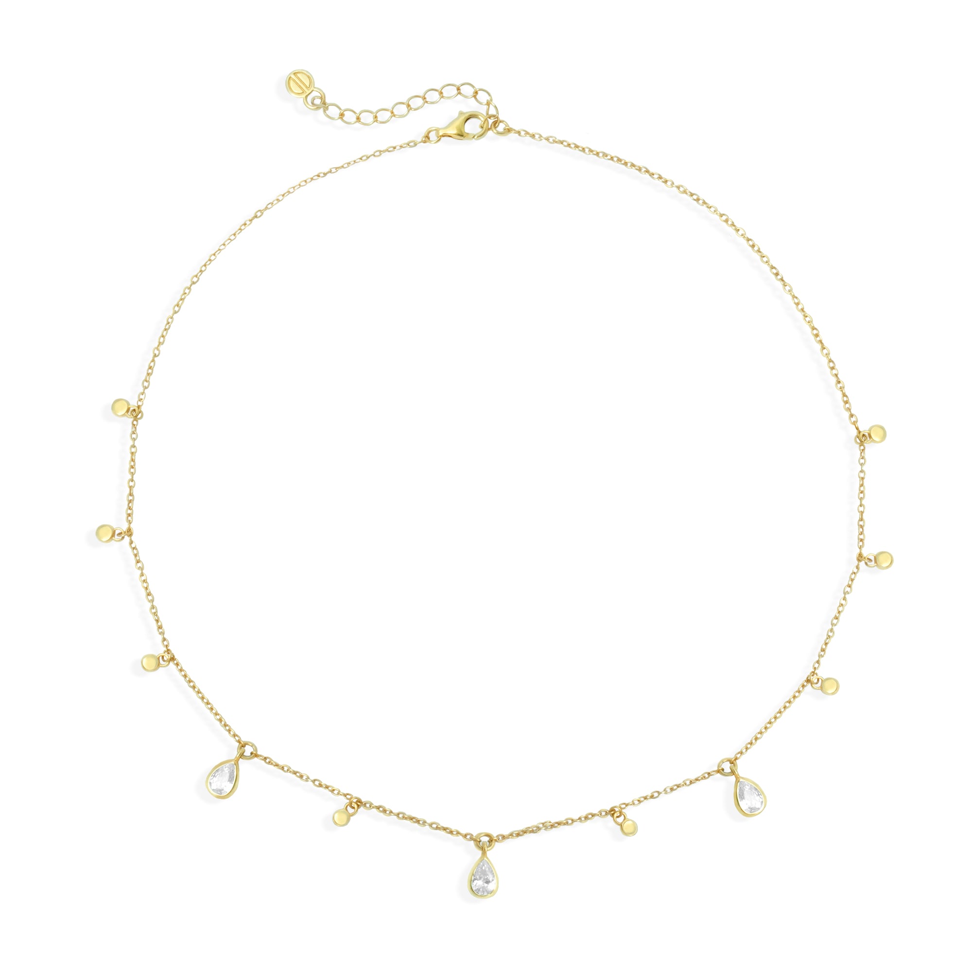 Gold necklace with teardrop-shaped clear stone pendants on a white background