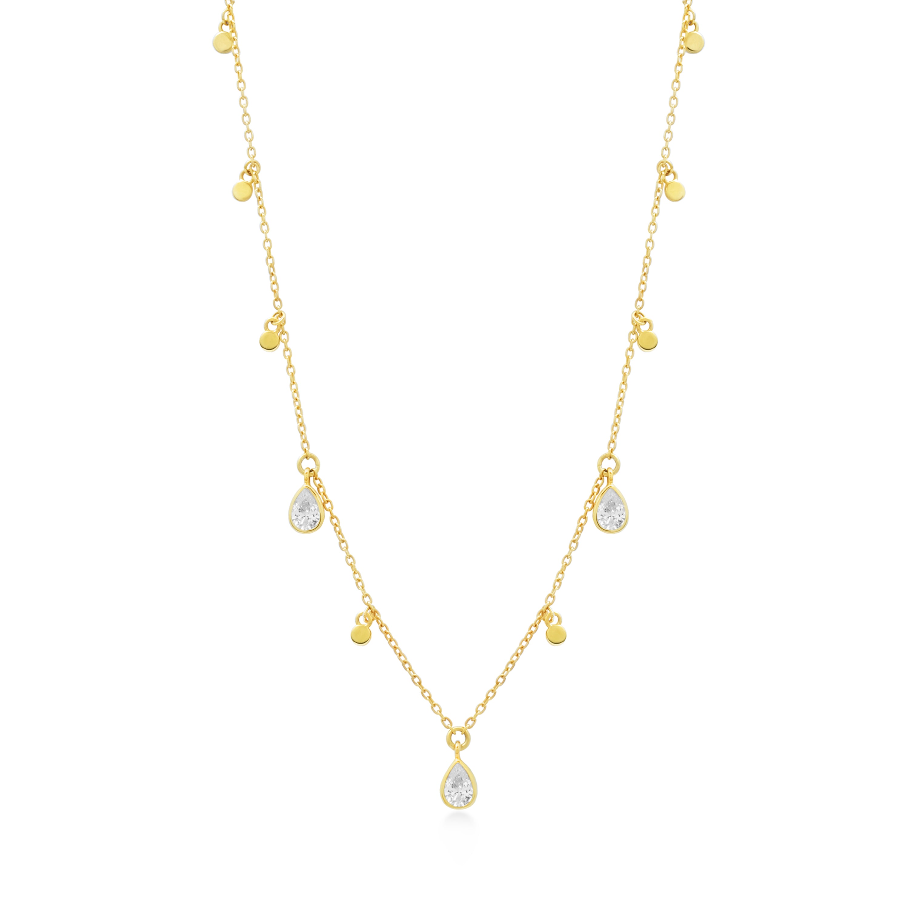 Gold necklace with teardrop-shaped clear stone pendants on a white background
