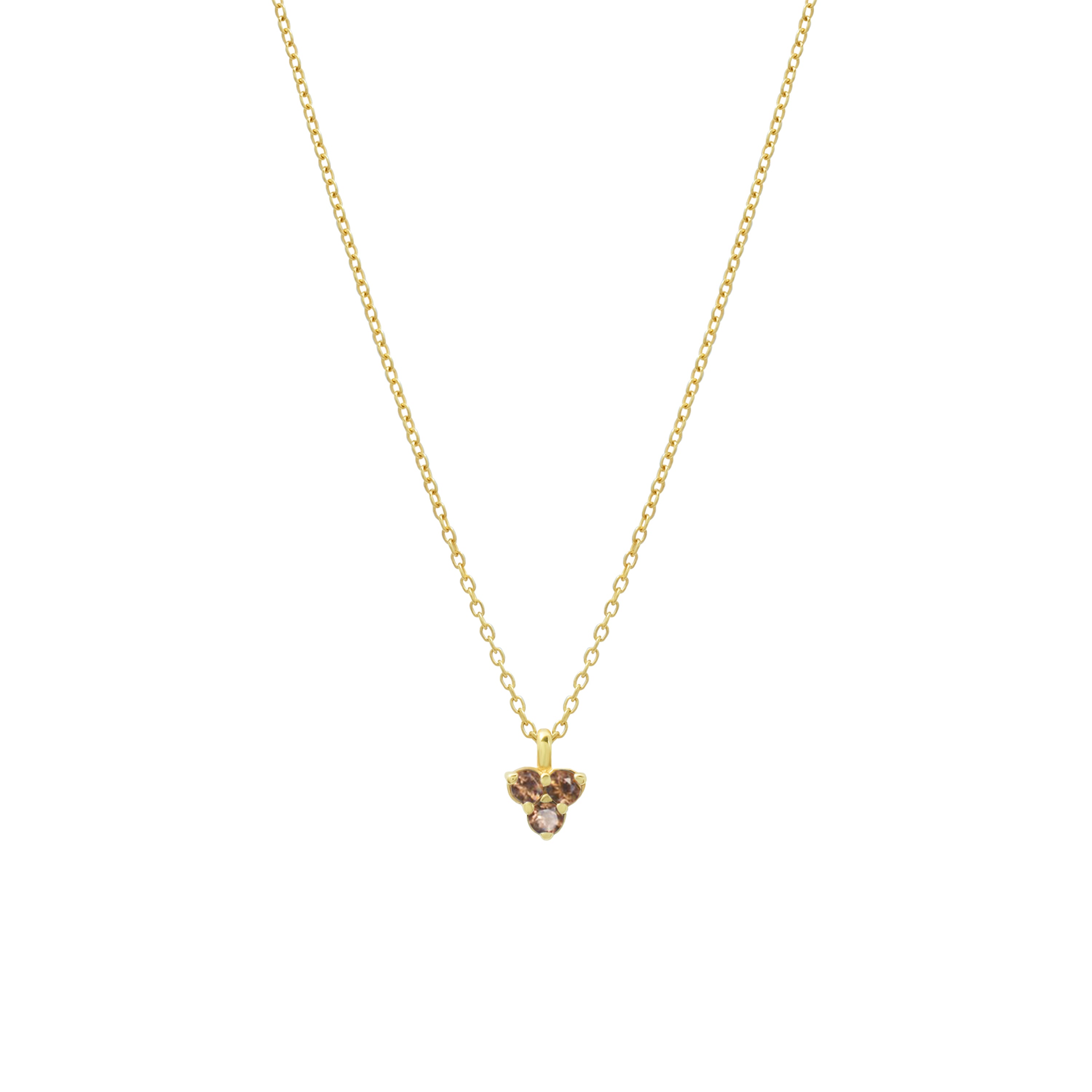 Gold necklace with a smoky quartz triangle-shaped pendant on a white background