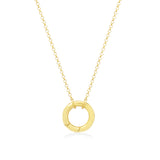 Gold necklace with a circular pendant on a white background