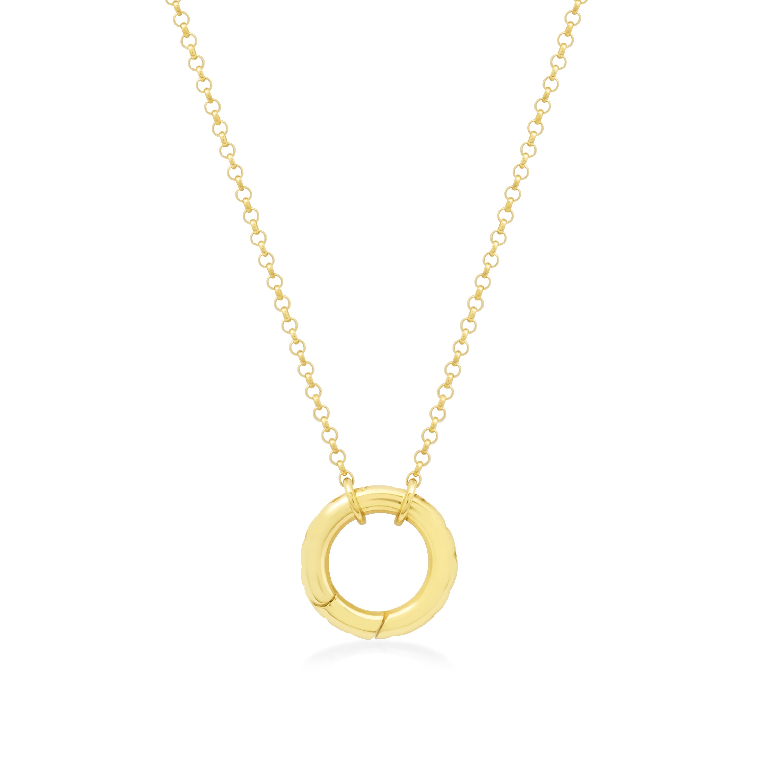 Gold necklace with a circular pendant on a white background