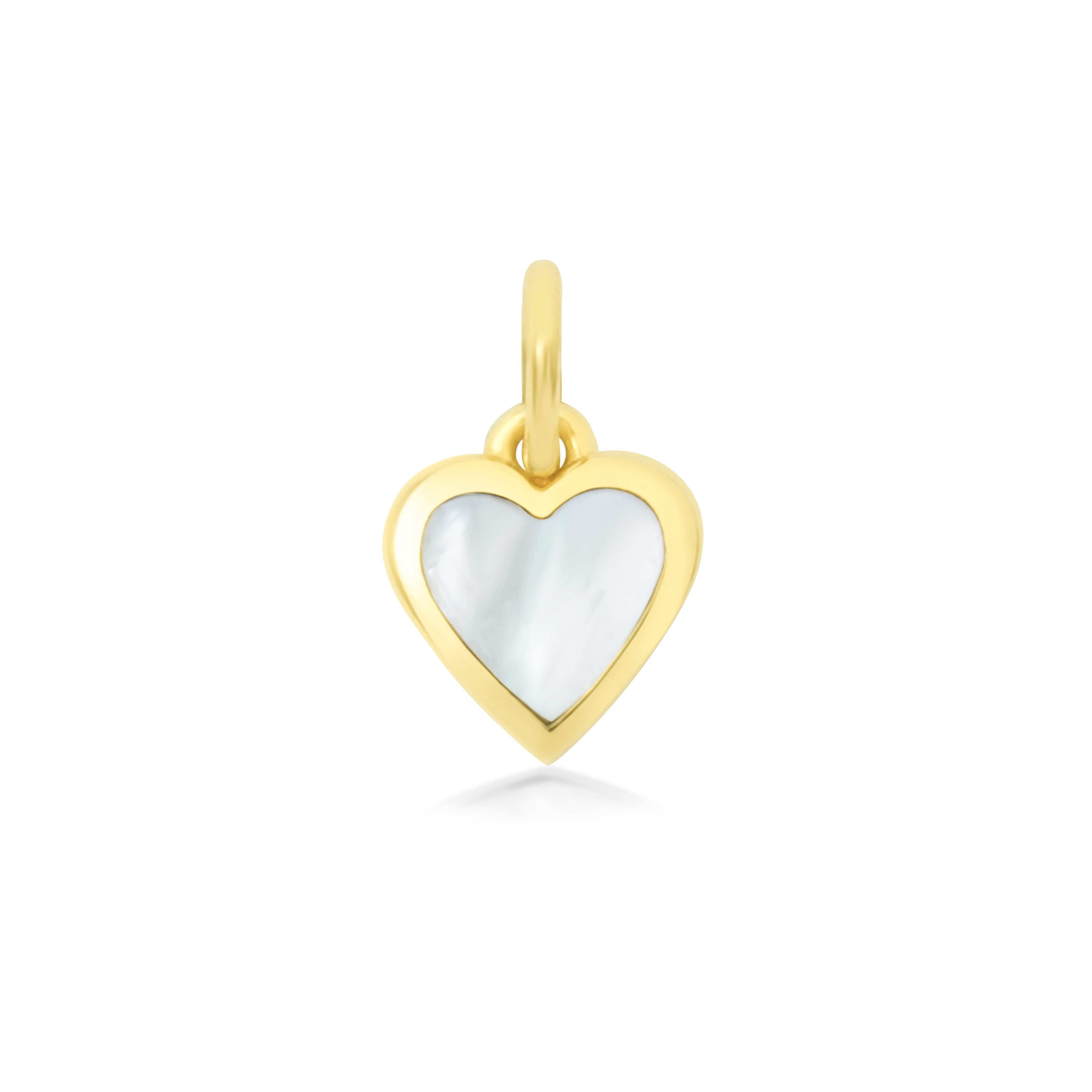 Gold heart-shaped pendant with a white mother of pearl center on a white background
