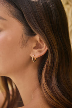 Close-up of a person wearing a gold and clear stone hoop earring with soft focus on hair and skin.