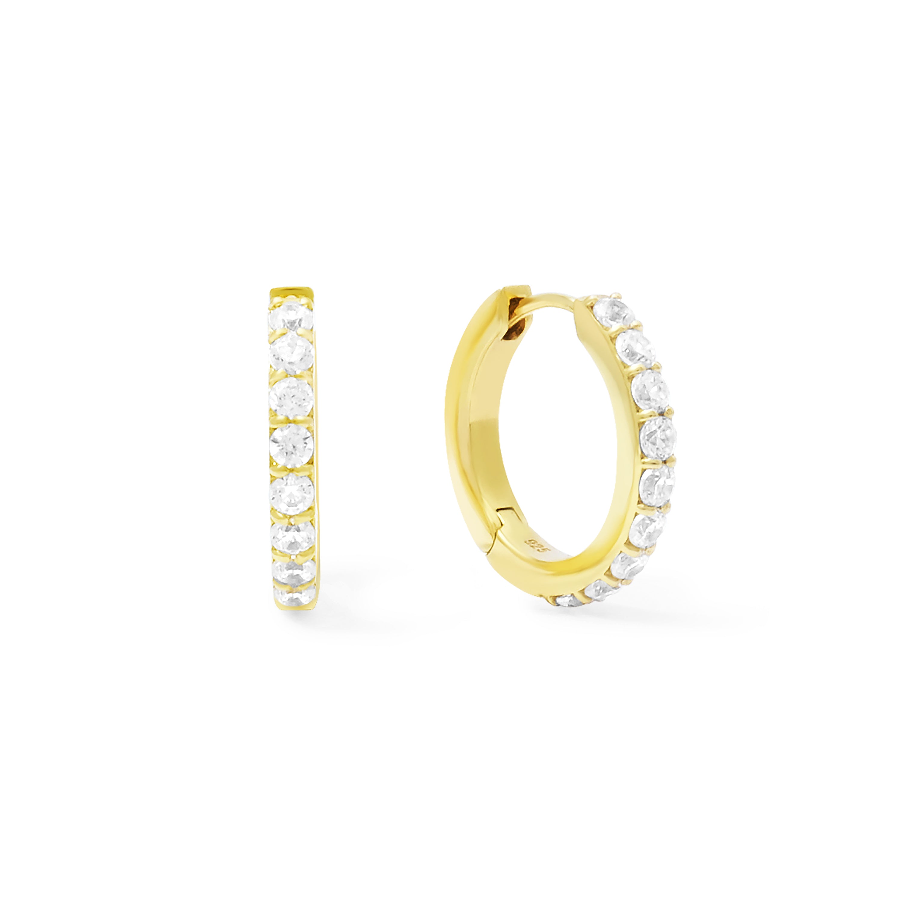Gold hoop earrings with clear gemstones on a white background