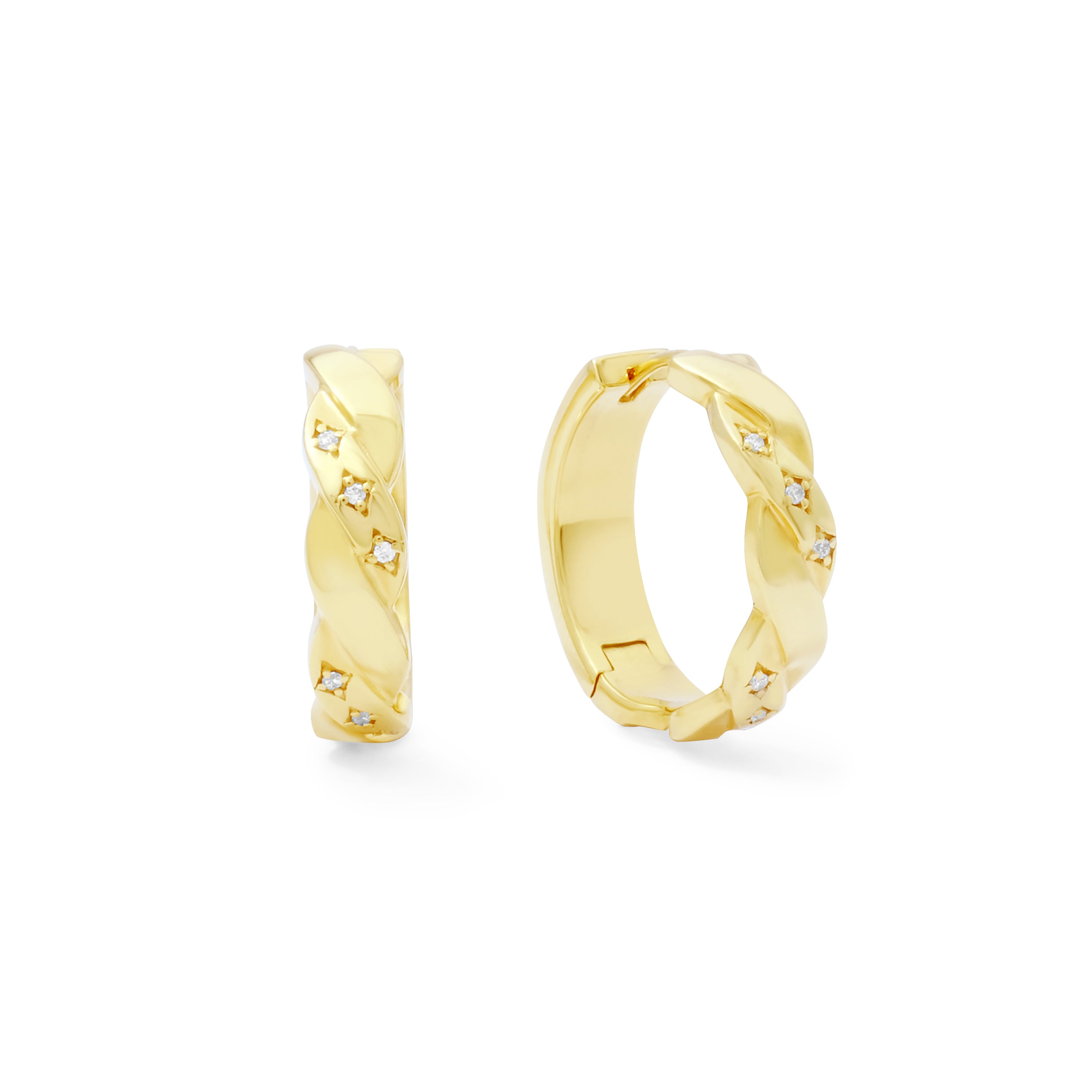Gold hoop twist earrings with clear stone accents on a white background