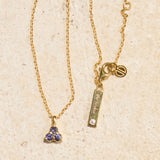 Gold necklace with blue purple iolite triangle pendant on a beige background