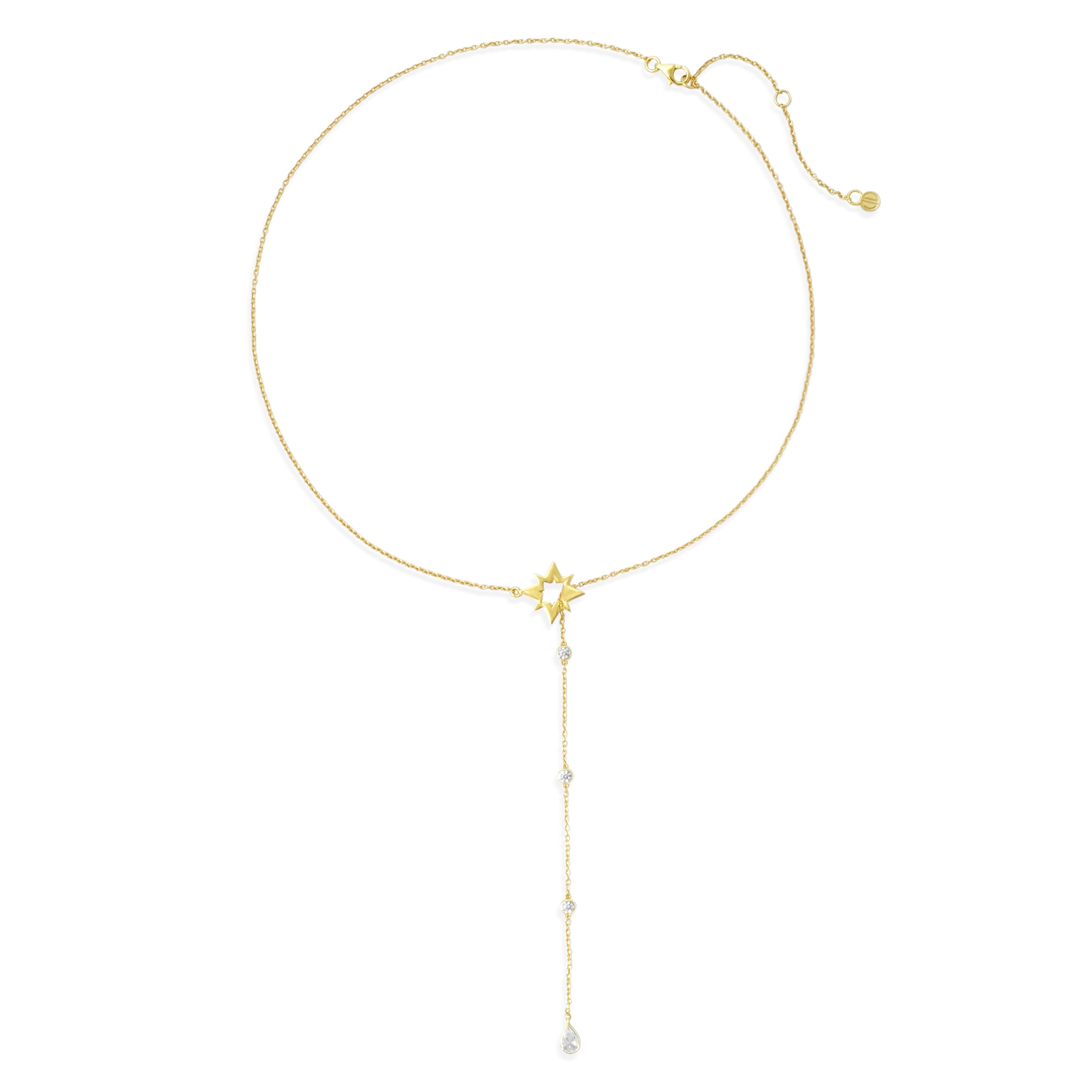 Gold necklace with star and clear stone pendant on a white background